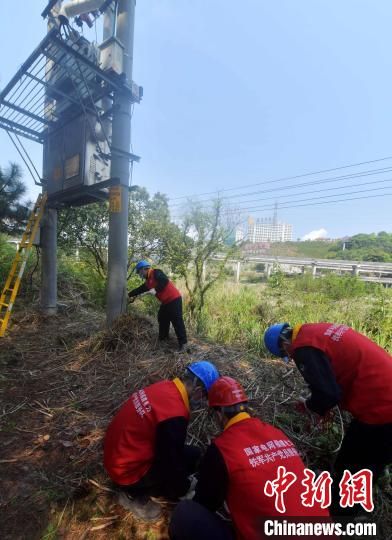 圖為國網連江供電公司工作人員對福州溫泉高爾夫球場涉及的電力線路開展電阻測試和避雷裝置檢查等工作，保障臺商臺企雨季可靠供電。　記者 張斌 攝